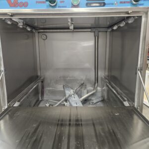 Under counter commercial dishwasher with stainless steel finish and door open