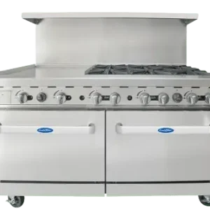 Front view of the 60-inch Atosa AGR-6B24GL gas range featuring six burners, a 24-inch left-side griddle, and double ovens on swivel casters.