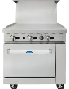 Front view of the 36-inch Atosa AGR-36G gas range featuring a full-width griddle top, a single standard oven, and swivel casters.