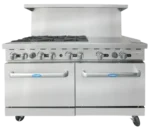Front view of the 60-inch Atosa AGR-6B24GR gas range featuring six burners, a 24-inch right-side griddle, and double ovens on swivel casters.