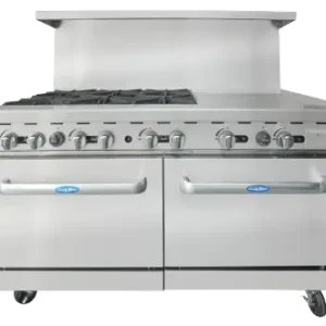 Front view of the 60-inch Atosa AGR-6B24GR gas range featuring six burners, a 24-inch right-side griddle, and double ovens on swivel casters.