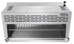 Front view of a 36-inch Atosa cheese melter featuring dual control knobs, a multi-level adjustable cooking rack, and a removable grease drip tray