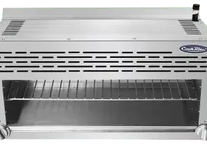 Front view of a 36-inch Atosa cheese melter featuring dual control knobs, a multi-level adjustable cooking rack, and a removable grease drip tray