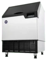 A 26-inch wide ICETRO IU-0170-AH stainless steel undercounter half-cube ice machine with a black top and front-sliding door