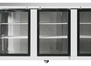 Front view of a large 90-inch commercial back bar cooler featuring three glass swing doors, integrated door locks, and a side-mounted compressor.