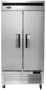 Front view of the Atosa MBF8502GR 54-inch two-door reach-in freezer with a stainless steel finish and swivel casters.