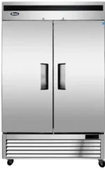 Front view of the Atosa MBF8503GR 54-inch two-door reach-in refrigerator with a stainless steel finish and swivel casters.
