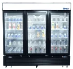 Atosa three-door glass merchandiser freezer with a black exterior, lighted header panel and industrial casters.