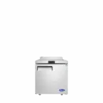 Front view of the Atosa MGF8408GR 27-inch single door worktop refrigerator featuring a reinforced stainless steel top with backsplash and swivel casters.