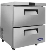 Front view of the Atosa MGF8415GR 36-inch two-door undercounter refrigerator with a stainless steel finish, recessed handles, and swivel casters.