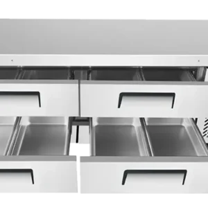 Front view of a 72-inch heavy-duty Atosa chef base featuring two large refrigerated storage drawers, a durable stainless steel work surface, and heavy-duty casters. Both drawers in open position.