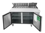Atosa refrigerated pizza prep table with cutting board and open covers and open doors.