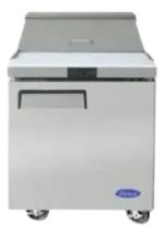 Front view of the Atosa MSF8305GR 27-inch single door mega top sandwich prep table featuring a 12-pan top rail, full-length cutting board, and swivel casters.