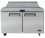 Front view of the Atosa MSF8302GR two-door sandwich prep table featuring a 48-inch wide cutting board, stainless steel lid, and swivel casters.