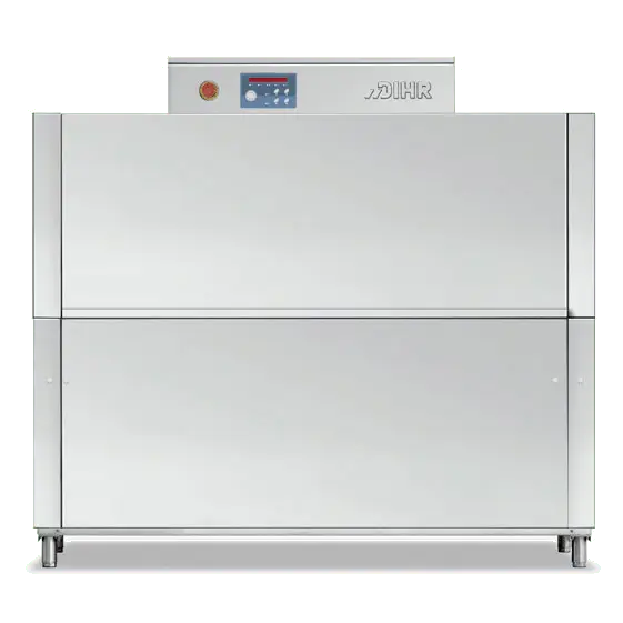 Front view of the DIHR RX 164 E compact conveyor dishwasher featuring a stainless steel exterior, double-skin doors, and a digital control panel.