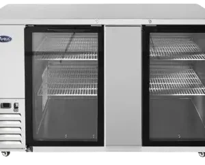 Front view of a silver Atosa SBB69GGRAUS1 two-door commercial back bar refrigerator. The unit features a stainless steel exterior, two double-pane glass swing doors for product visibility, and is mounted on four black swivel casters.