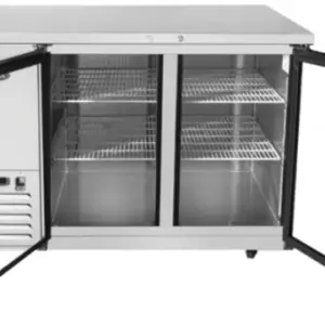 Atosa SBB48GGR-AUS1 48-inch two-door shallow depth back bar refrigerator with glass doors and swivel casters.
