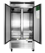 A 39.5-inch wide Atosa MBF8502 slim two-door solid reach-in freezer with a stainless steel exterior, bottom-mount compressor, and recessed door handles.