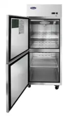 A 28.7-inch wide Atosa MBF8010GRL commercial one-door glass reach-in refrigerator with a left-hand hinge, stainless steel finish, and top-mount compressor.