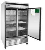 A 54-inch wide Atosa MBF8507GR commercial two-door solid reach-in refrigerator with a stainless steel exterior, bottom-mount compressor, and recessed door handles