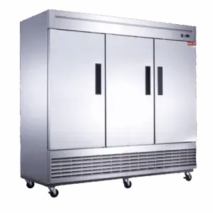 New Air Stainless Steel Cooler with three doors and casters as viewed from the corner.