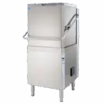 Corner angle view of upright hood style dishwasher with stainless steel finish and wrap around handle sitting on four legs