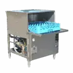 Under counter heavy duty commercial dishwasher with open door and blue dish rack and with stainless steel finish