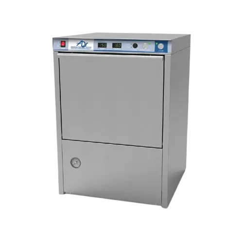 American dish under counter dishwasher with stainless steel exterior and control buttons at top with digital temperature display at top and dial pressure display near bottom of unit