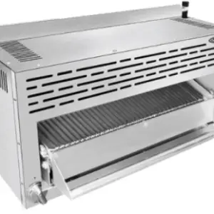 A 36-inch wide ATOSA ATSB-36 commercial stainless steel gas salamander broiler with infrared burners and an adjustable rack lever.