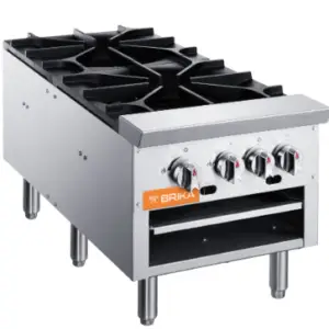 A commercial 18-inch wide BRIKA BSP-18D double stock pot range featuring two heavy-duty cast iron grates and four manual gas control knobs on a stainless steel body.