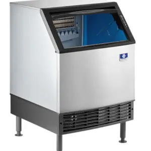 A 26-inch wide commercial undercounter full-cube ice machine with a stainless steel exterior, black trim, and an icon-based digital touchpad.