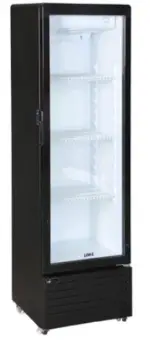 A slim commercial glass door merchandiser refrigerator with a white finish, three shelves, and internal LED lighting.