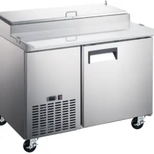 A stainless steel refrigerated pizza prep table with one door and a wide polyethylene cutting board.