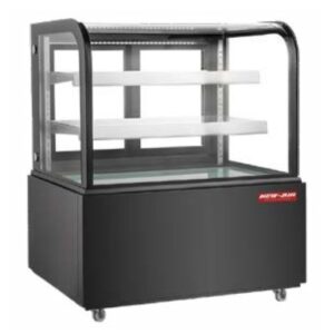 A New Air curved glass refrigerated display case with a black exterior