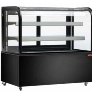 A New Air curved glass refrigerated display case with a black exterior