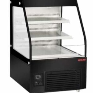 A New Air medium profile open air curtain merchandiser with a black exterior