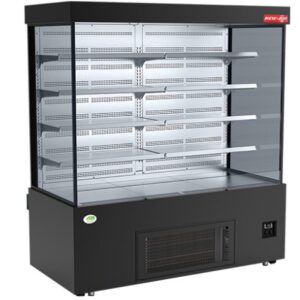 A New Air vertical open air curtain merchandiser with a black exterior