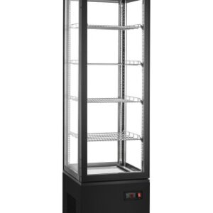 A New Air upright glass door refrigerated display case with a black exterior