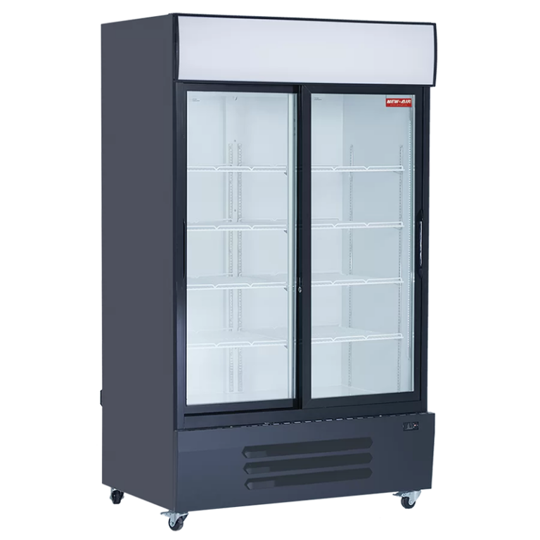 A New Air black commercial refrigerator with two sliding glass doors and a lit canopy