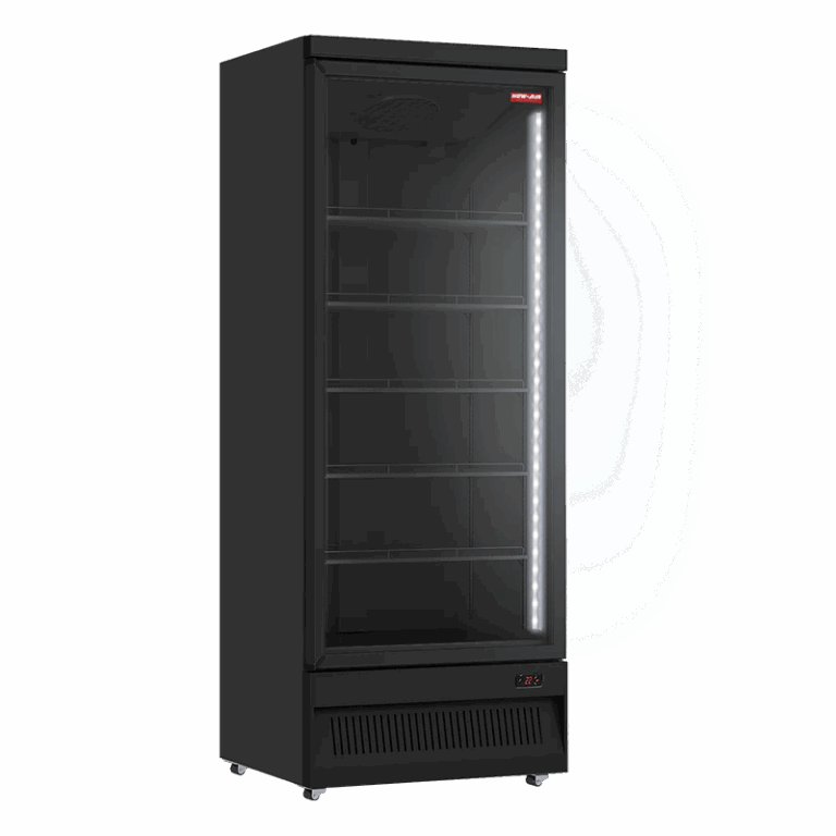 A New Air black commercial refrigerator with a single glass door and lit interior
