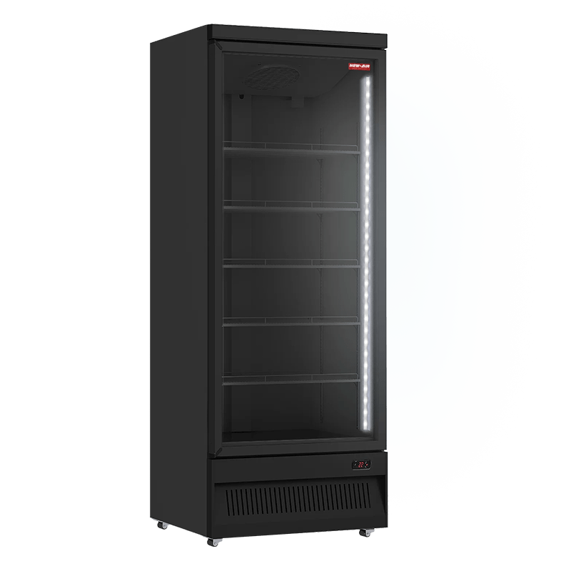 A New Air black commercial refrigerator with a single glass door and lit interior