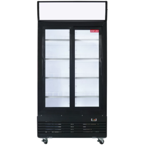 A New Air black commercial refrigerator with two sliding glass doors and a lit canopy