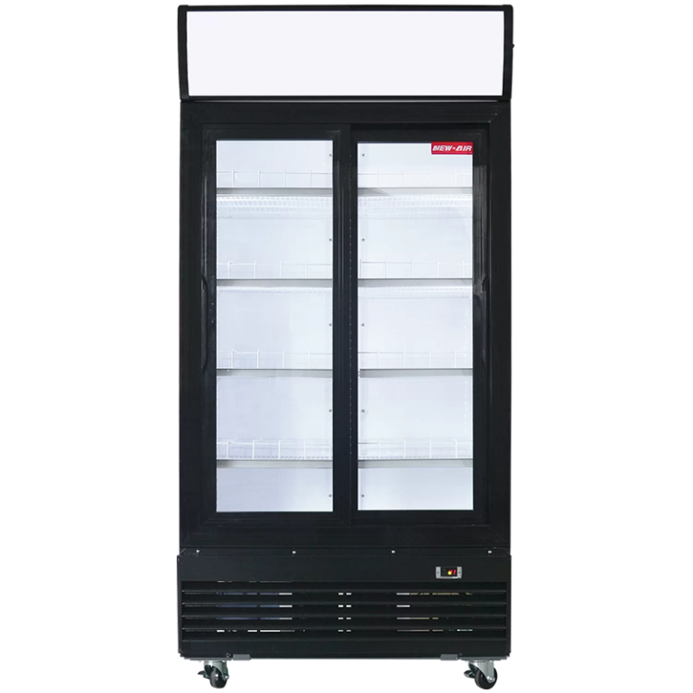 A New Air black commercial refrigerator with two sliding glass doors and a lit canopy