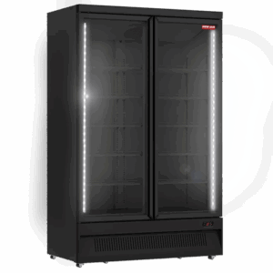 A New Air black commercial refrigerator with two glass doors and lit interior