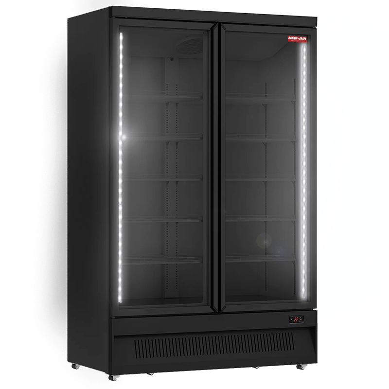 A New Air black commercial refrigerator with two glass doors and lit interior