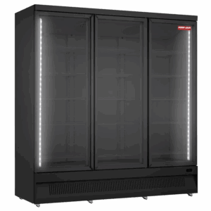 A New Air black commercial refrigerator with three glass doors and lit interior