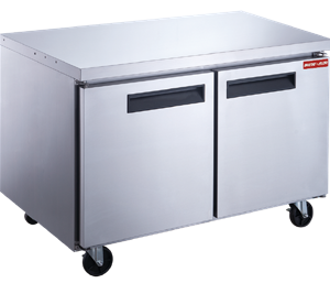 Stainless steel two door undercounter refrigerator on casters
