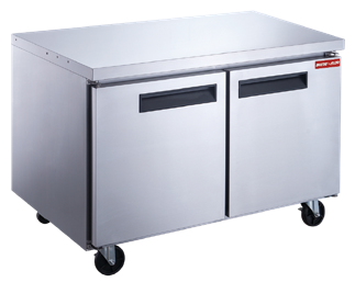 Stainless steel two door undercounter refrigerator on casters