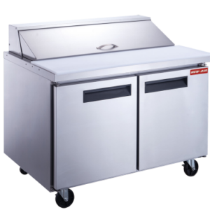 A New Air refrigerated salad and sandwich prep table with two solid doors and a stainless steel finish