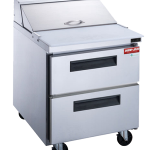 A New Air refrigerated prep table with two drawers and a stainless steel finish